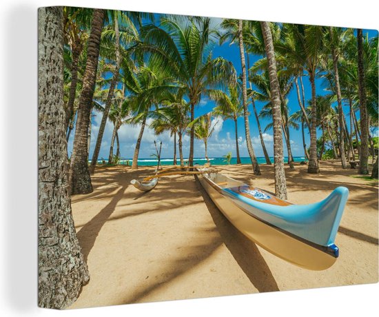 Canvas Schilderijen - Boot tussen de palmbomen op het strand van Maui - Wanddecoratie