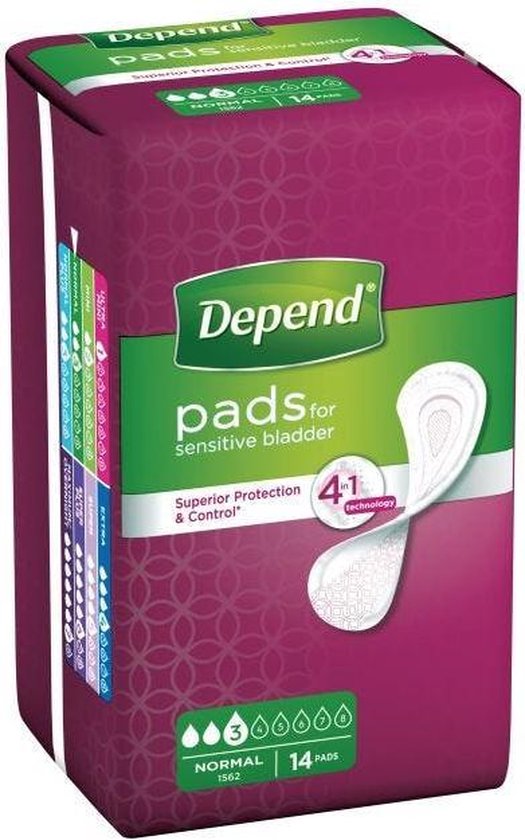 Depend pads voor gevoelige blaas, 'Superior Protection & Control', 14 stuks met 4-in-1 technologie.
