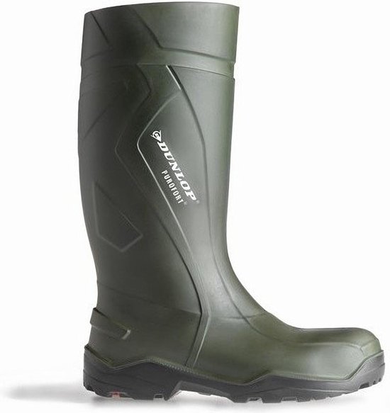 Groene Dunlop Purofort werklaars met zwarte zool, witte logo op de schacht.