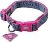 Roze en grijs Supergirl halsband met Supergirl logo, gesp en Supergirl medaillon.