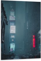 Dibond - Regenachtige Stad 's nachts - 80x120cm Foto op Aluminium (Wanddecoratie van metaal)