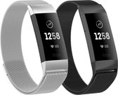 Milanees Smartwatch bandje - Geschikt voor  Fitbit Charge 3 Milanese banden - 2-pack - Zilver en Zwart - Maat: L - Horlogeband / Polsband / Armband