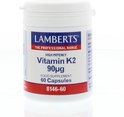 Witte pot met blauw en rood etiket. Lamberts High Potency Vitamin K2 90µg, 60 capsules.