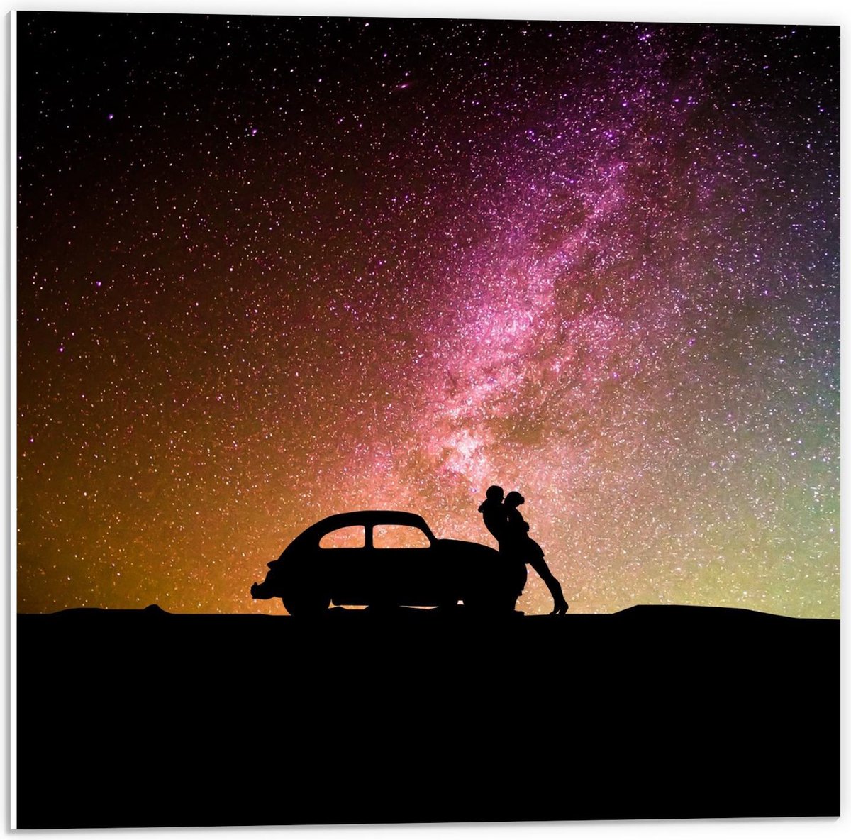 KuijsFotoprint - Schilderij - Silhouet Knuffelende Mensen Leunend Auto - Multicolor - 50 X 50 Cm