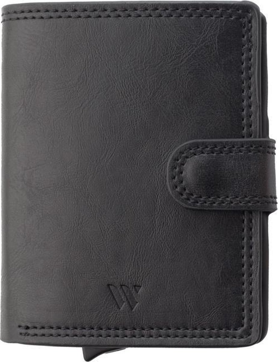 Wallix® Pasjeshouder Portemonnee - Uitschuifbaar - Unisex - 100% RFID Veilig - Creditcardhouder van Leer & Aluminium - Zwart/Zwart