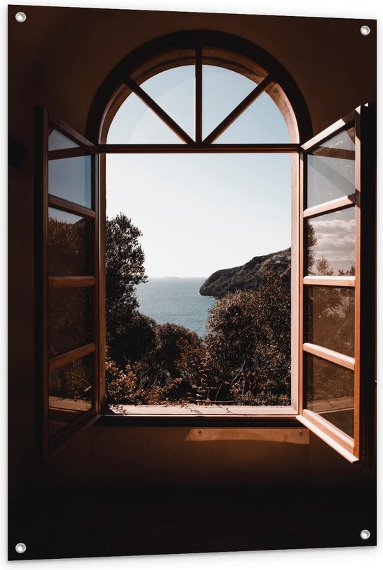 Affiche de jardin - Fenêtre avec une belle vue sur les Montagnes et la mer - 80x120cm Photo sur Affiche de jardin (décoration murale pour l'extérieur et l'intérieur)