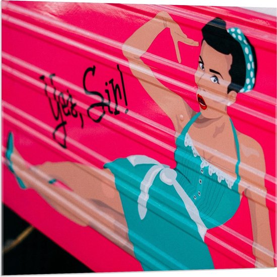 Acrylglas - Roze Auto met Vrouw 'Yes, Sir!' - 80x80cm Foto op Acrylglas (Wanddecoratie op Acrylglas)