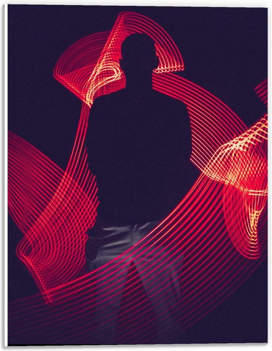 Forex - Abstracte Rode Lichtgevende Strepen met Mensen Silhouette  - 30x40cm Foto op Forex