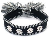 Stoffen Armband Dames - RVS Munten LOVE - Lengte Verstelbaar - Zwart en Zilverkleurig