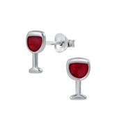 Oorbellen | Oorstekers | Zilveren oorstekers, wijnglas rode wijn