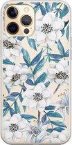 iPhone 12 Pro transparant hoesje - Bloemen / Floral blauw | Apple iPhone 12 Pro case | TPU backcover transparant