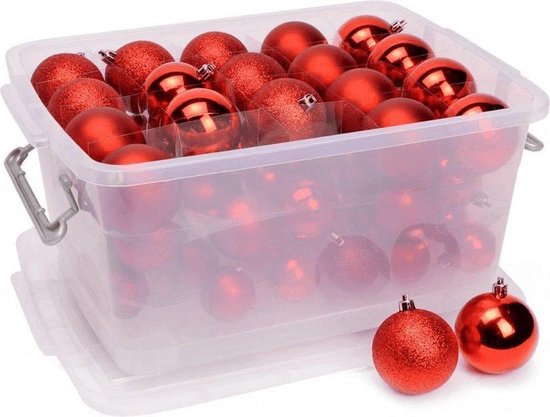 Christmas Gifts Kerstballen Set Rood - 70 Stuks Kunststof Kerstballen - Incl. Kerstballen Opbergbox - Ø4/5/6 cm