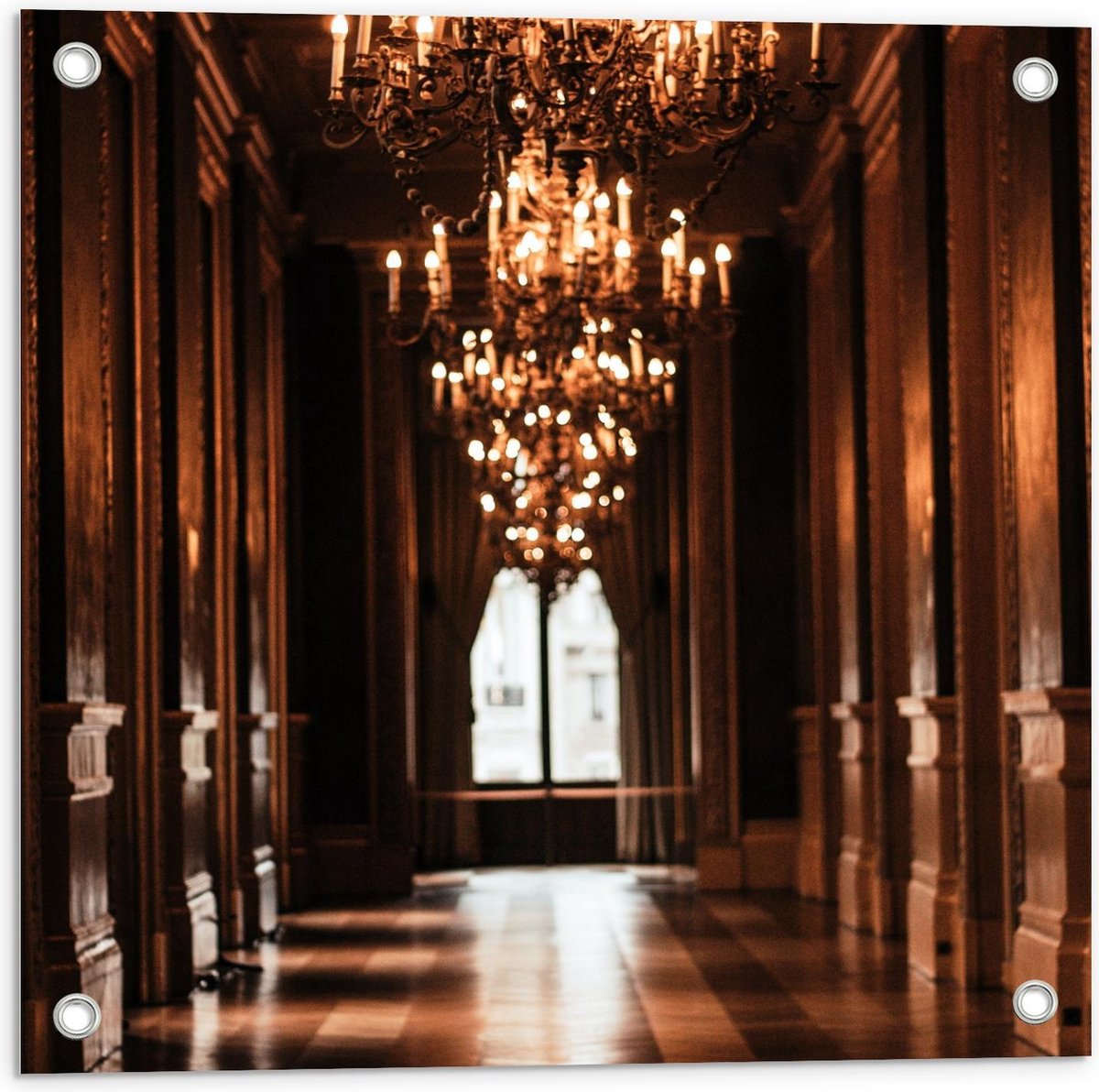 Tuinposter – Gang in Paleis met Kroonluchter - 50x50cm Foto op Tuinposter (wanddecoratie v