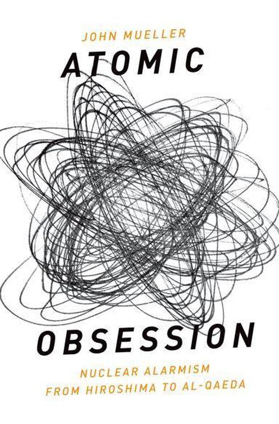 Boek 'Atomic Obsession' van John Mueller, met een abstracte, zwarte krasachtige tekening op een witte achtergrond.