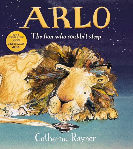 Boek "Arlo, de leeuw die niet kon slapen" met een tekening van een slapende leeuw op de voorkant.