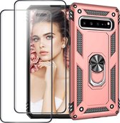 Samsung Galaxy S10 hoesje Schokbestendige ring armor met 2X volledige schermdekking Screenprotector rose gold