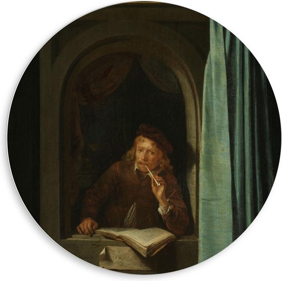 Forex Wandcirkel - Oude meesters - Pijprokende man, Gerard Dou, ca. 1650 - 80x80cm Foto op Wandcirkel (met ophangsysteem)