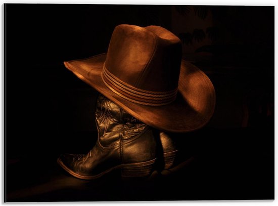 Dibond - Cowboyhoed en - Laarzen - 40x30cm Foto op Aluminium (Met Ophangsysteem)
