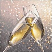 60x Champagne thema servetten met glazen 33 x 33 cm