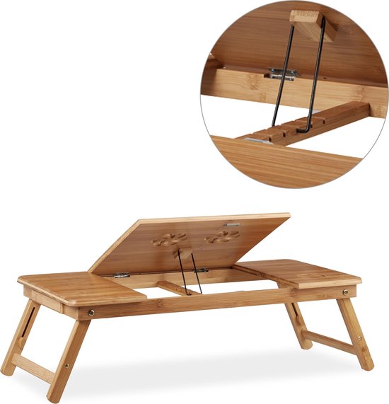 Relaxdays laptoptafel, inklapbare bedtafel van bamboe, hoogte verstelbaar & kantelbaar, ventilatiegaten & lade, naturel