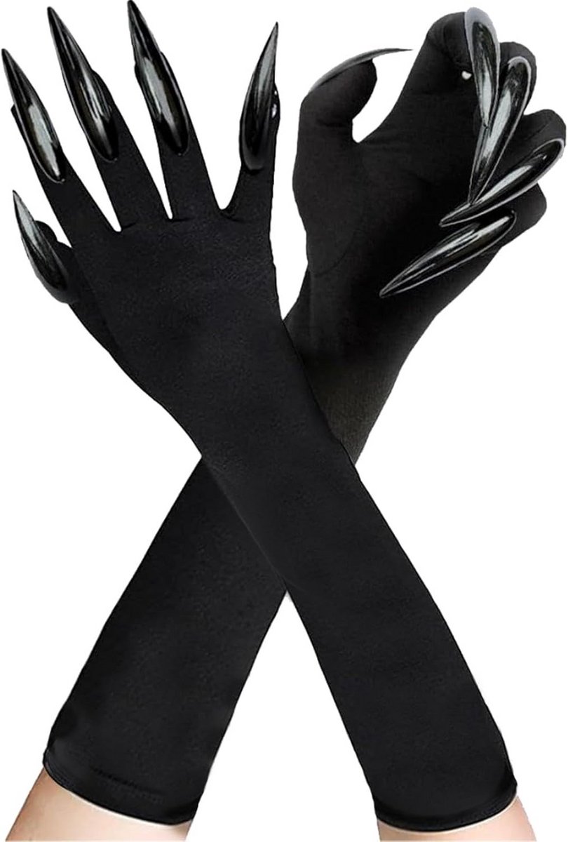 Lange Zwarte Halloween Handschoenen met Nagels voor Kostuum en Cosplay