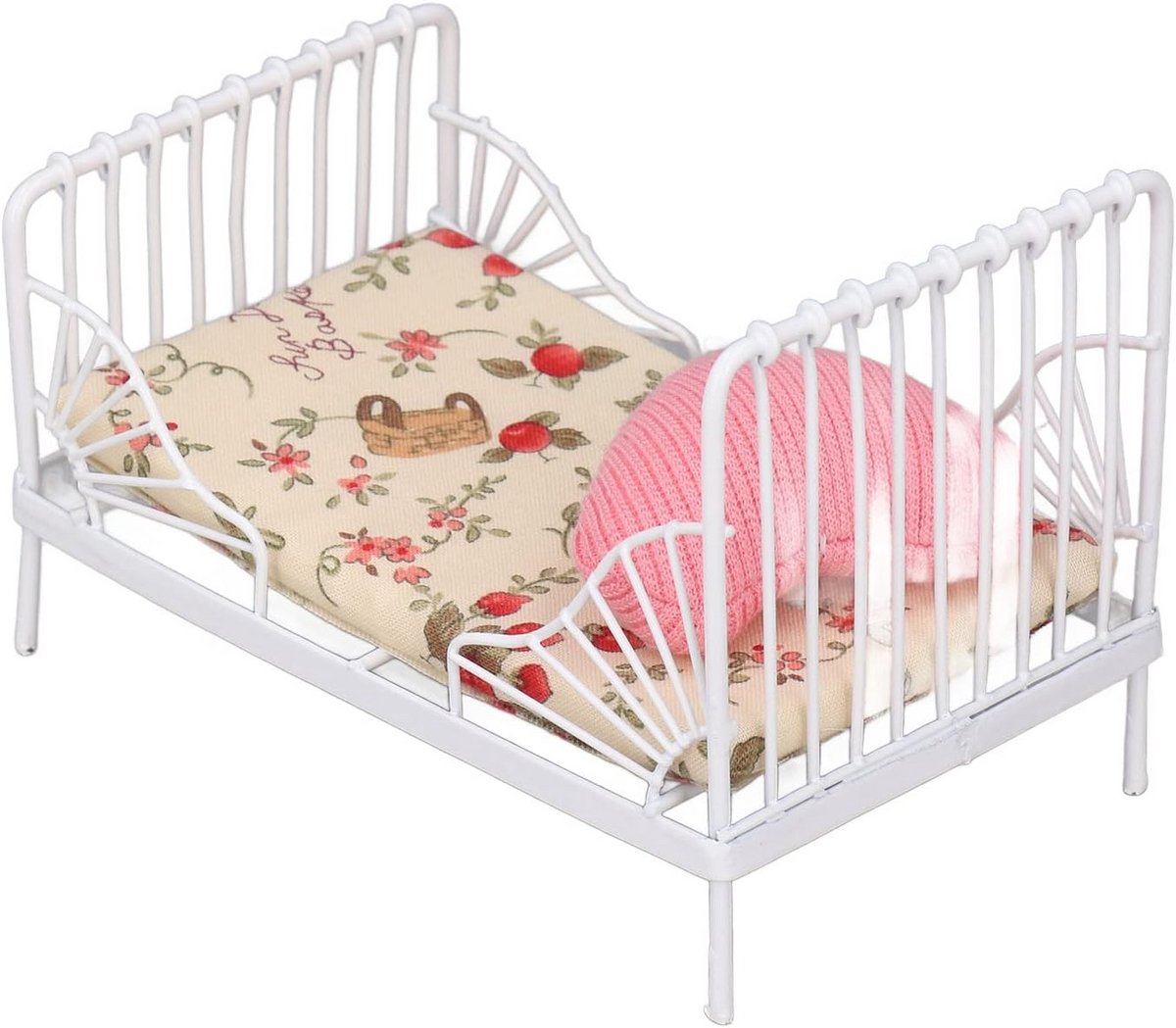 Miniatuur Poppenhuis Bedset Schaal 1:12 Zwart Metalen Frame met Bloemenpatroon - Realistisch Slaapkamermeubel