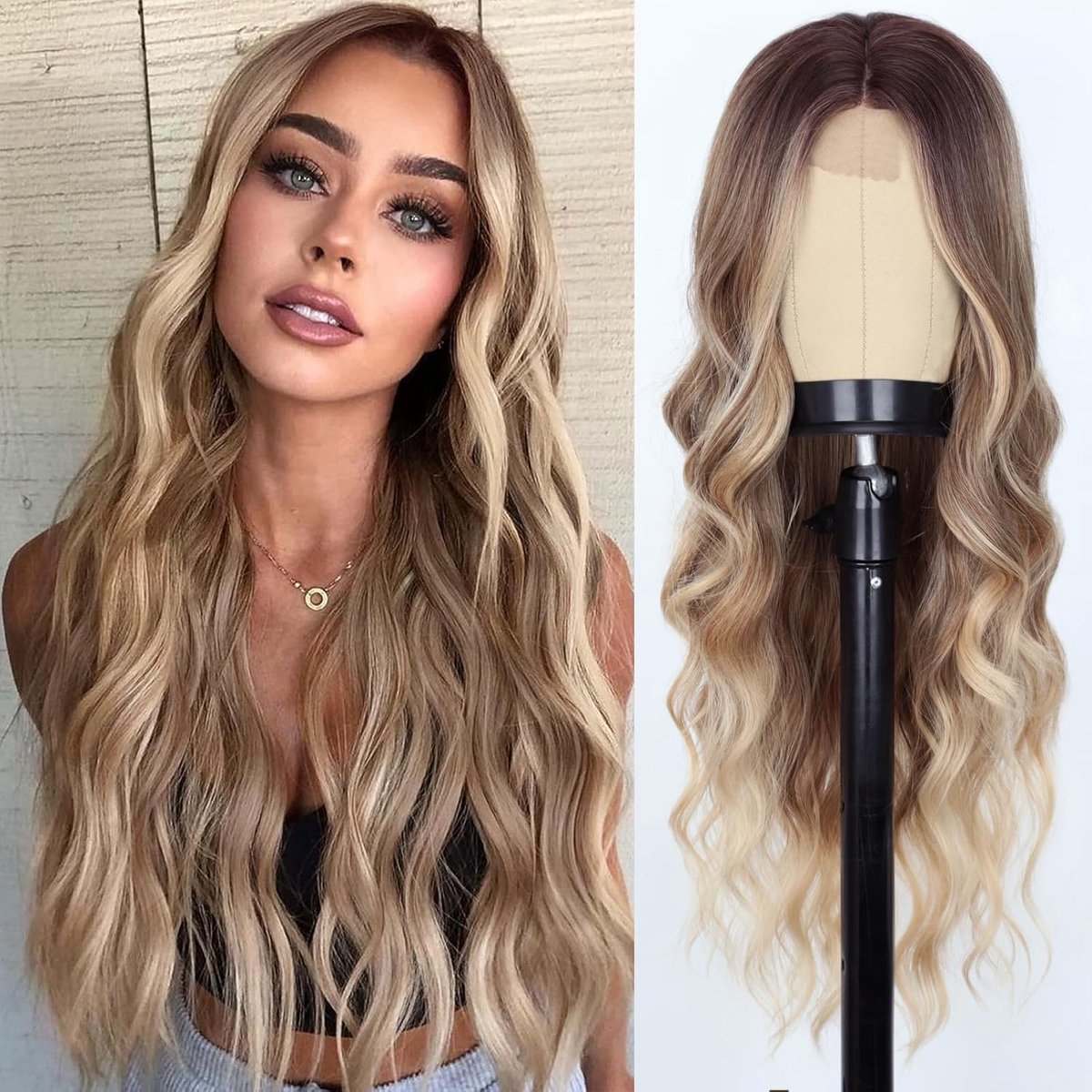 Kraftverdia - Pruik Goud - Pruiken Dames Golvend Lang Haar - Wig - Haarwerk - Wasbaar - Bruin & Blond - 70 cm