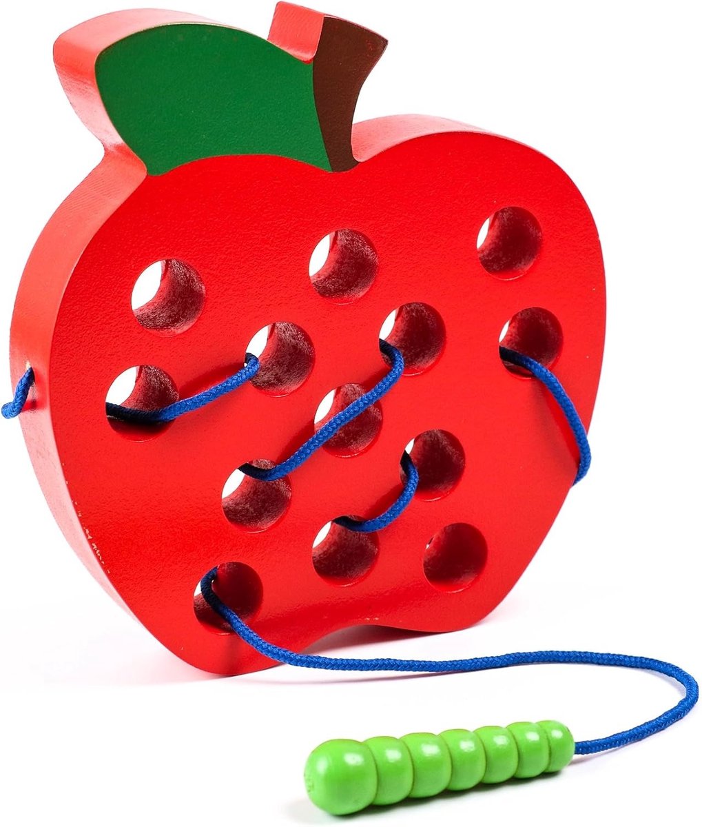 Rups eet appels - Kralen rijgen, speelgoed voor vroegschoolse educatie en educatieve kinderen - Houten rijgspeelgoed met appels, houten blokkenpuzzel, reisspel, Montessori vroeg leren, fijne motoriek, cadeau voor kinderen van 1, 2 en 3 jaar