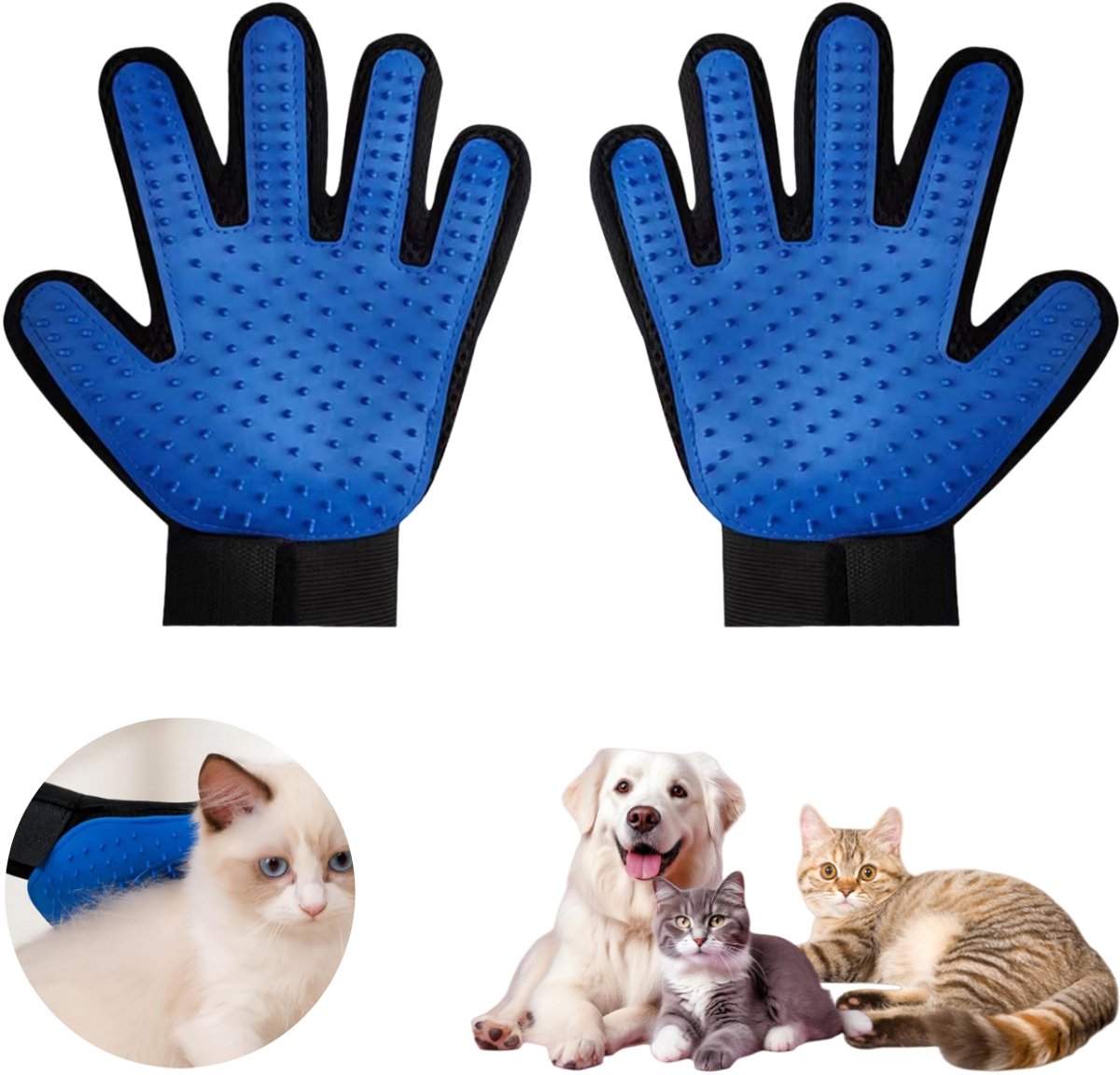 1 paar - Hondenbadhandschoenen - Siliconen handschoenen voor het verwijderen van dierenharen - Verzorgingshandschoenen voor huisdieren - Geschikt voor honden en katten - Voor borstelen, wassen en masseren - Verstelbare band - Blauw - 22*18
