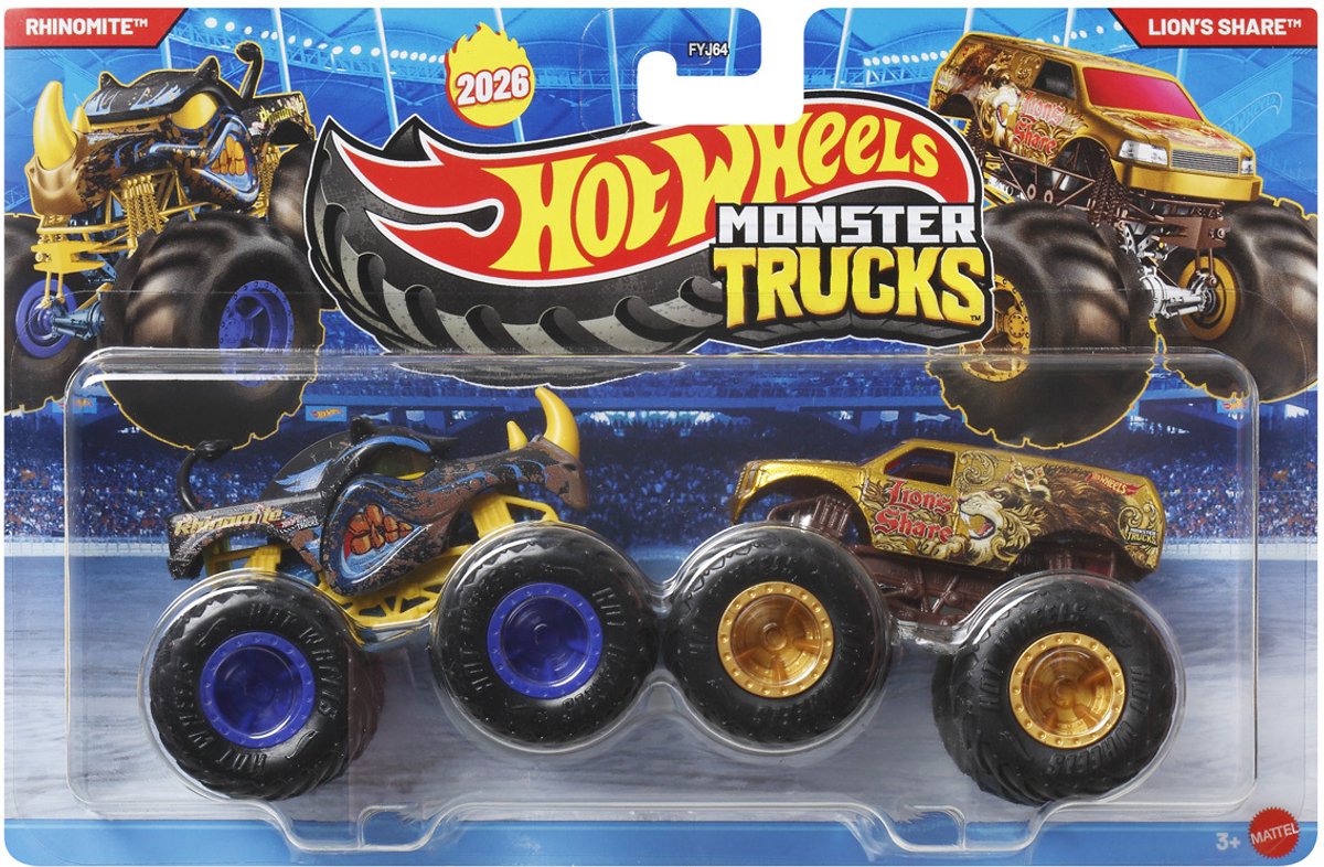 Bol.com Hot wheels Monster Jam truck 2-pack Rhinomite & Lion's Share - monstertrucks 9 cm schaal 1:64 aanbieding