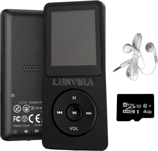 Zwarte Lunvira MP3-speler met scherm, bedieningsknoppen, oortjes en 4GB micro SD-kaart.