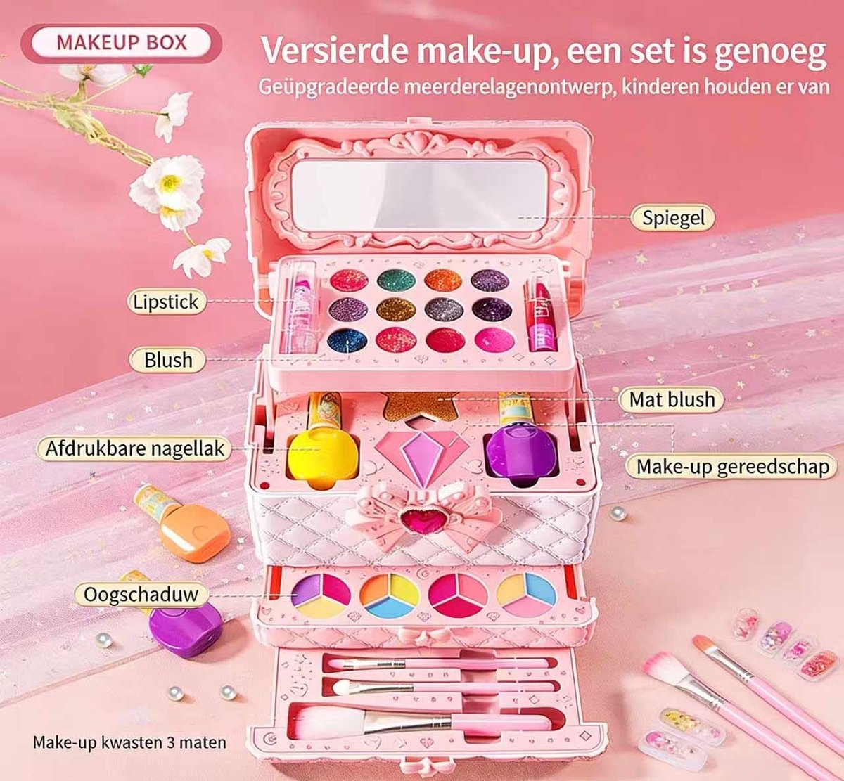 Meedeer kinder make up meisjes-kinder speelkoffer-Make up set Meisjes-Make up meisjes koffer-Met spiegel-hypoallergeenmeisje-speelgoed voor Halloween-kerstcadeau voor meisjes van 4 tot 12 jaar — afbeelding 9
