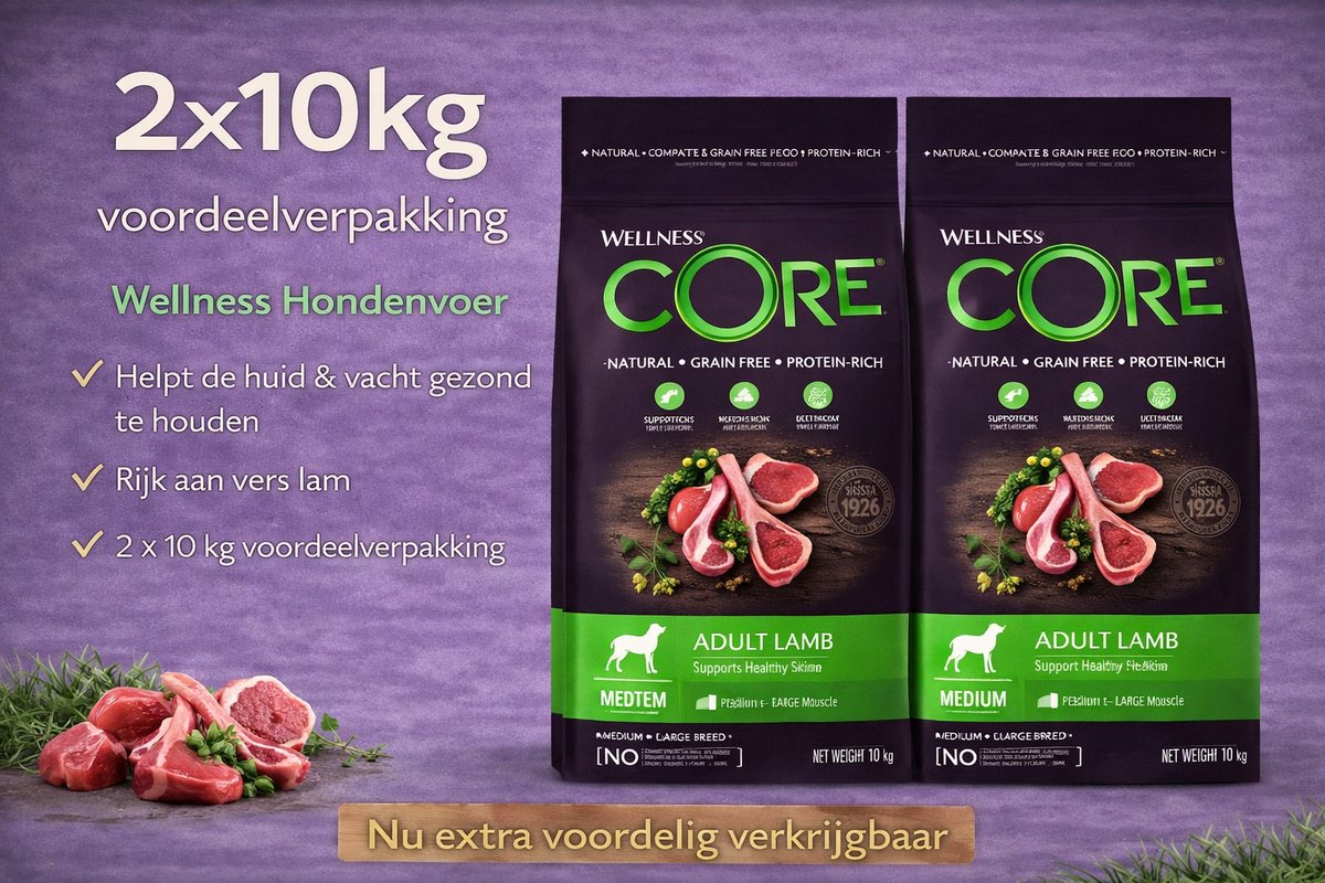 Wellness Core Wellness CORE dry Hond adult lam 20KG - Hondenvoer - 2 x 10kg