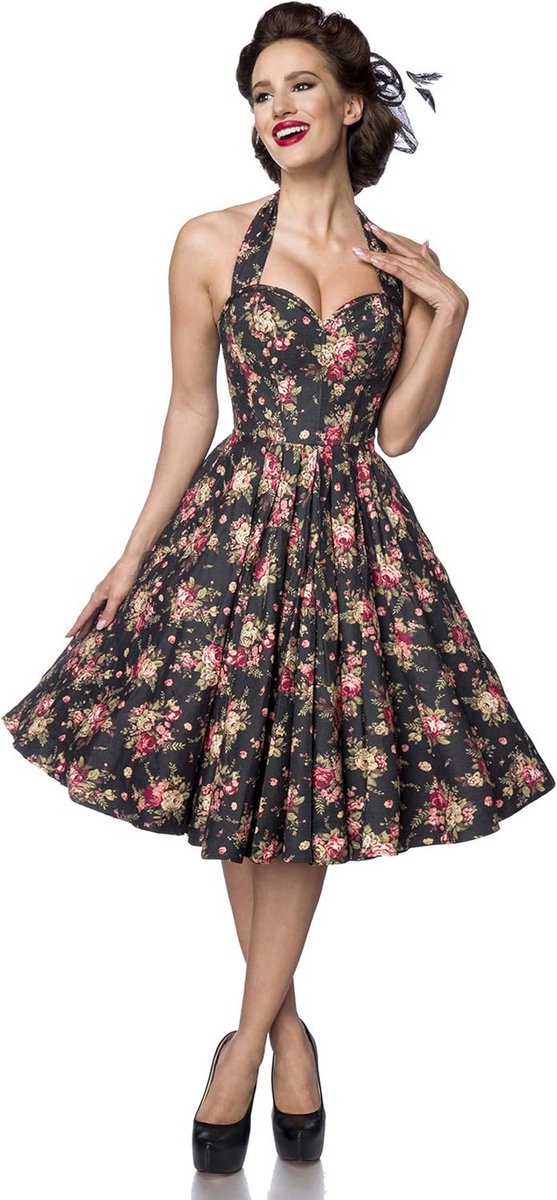 Zwarte Vintage Corset Jurk met Bloemdessin en Vetersluiting