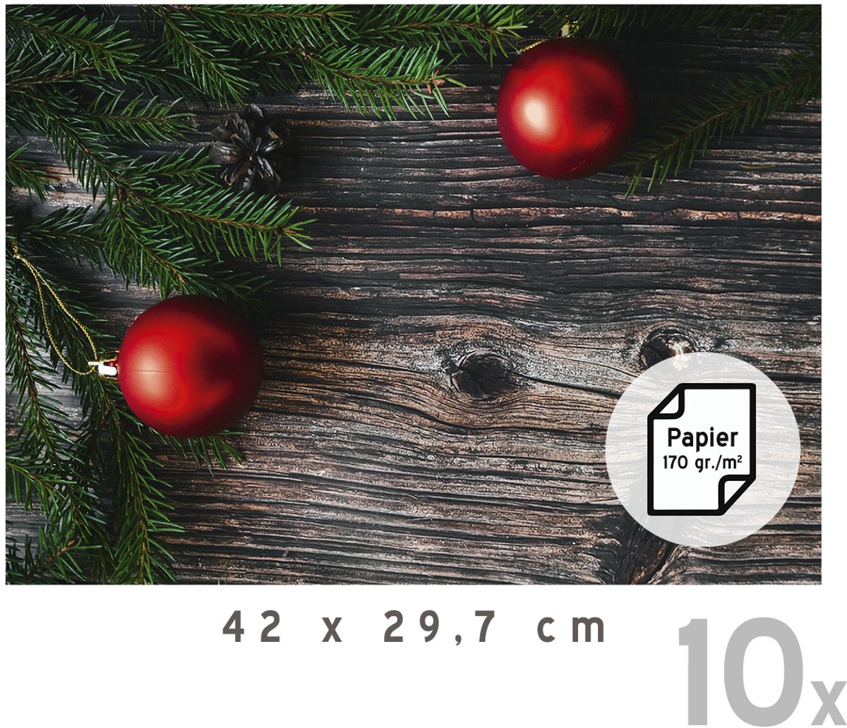 Placemats Kerst Deluxe (10x) | 42 x 29,7 cm | Kerstdecoratie | Onderlegger | Papier 170 gr./m² | Kerstavond | Eettafel | Tafeldecoratie | Hout | Placemat | Design | Rechthoek | 10 stuks