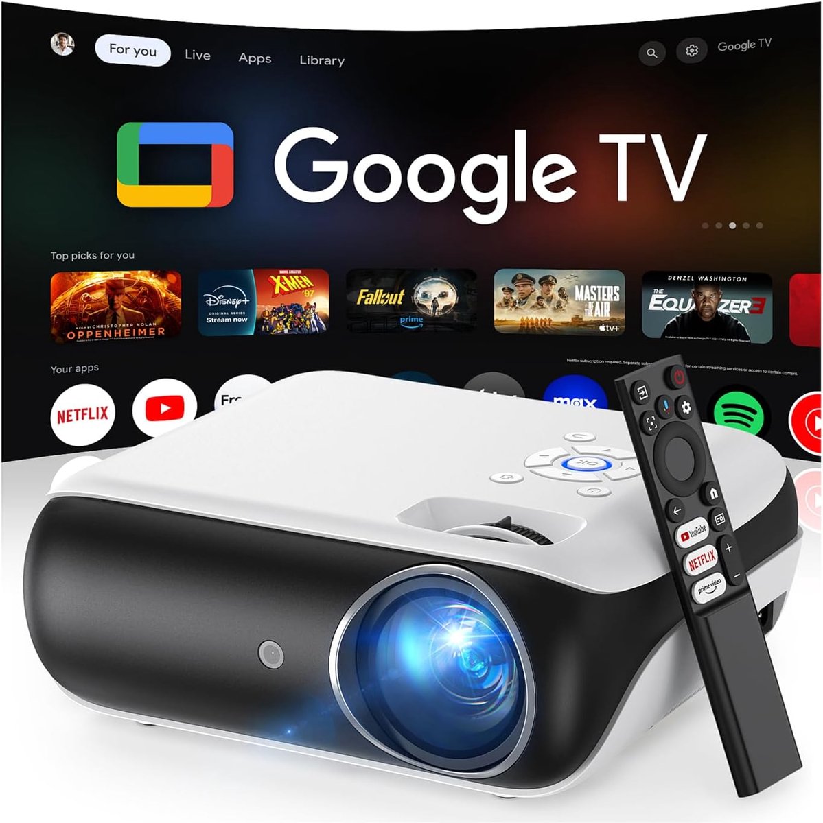 Beamer - 4K Projector - Google TV Official - 1000 ANSI Lumen - 1080P Full HD - Dolby Audio - WiFi 6 - Bluetooth 5.2 - Home Cinema - Spraakbesturing - Netflix Prime Video YouTube