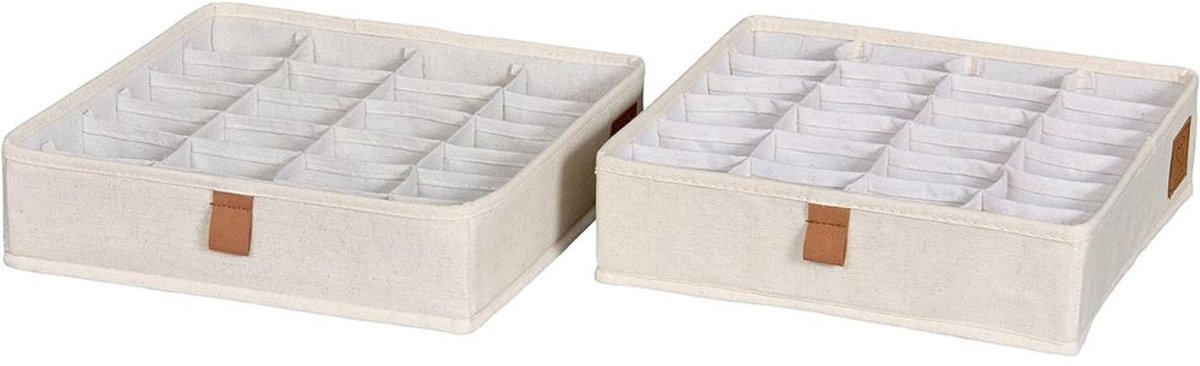 Famanu - Premium Lade Organizer Set 2 stuks, opbergdozen met 24 vakken voor ondergoed en kleding, opvouwbare stoffen dozen, beige 30x30x8 cm