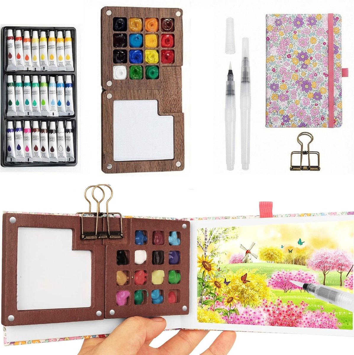 Zakformaat aquarelset, mini aquarelreisset met bindclips, mini aquareldoos, houten zakformaat aquarelreisset voor kunstenaars, schetsboekpaletset, 15 rasters voor schilders, kunstenaars en studenten