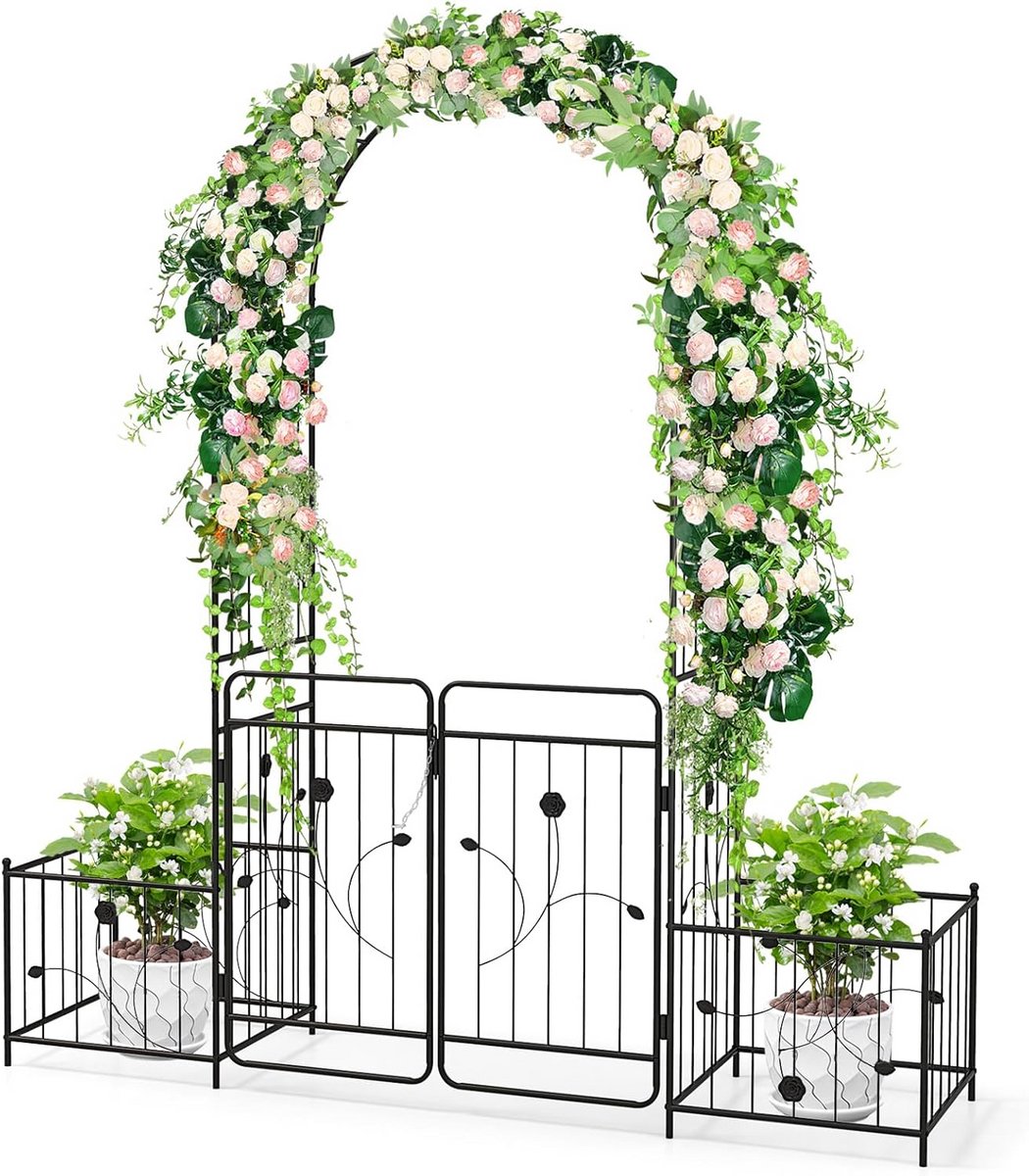 Metalen Rozenboog met Plantenbakken - Tuinpoort voor Klimplanten, 202 x 50 x 220 cm, Zwart