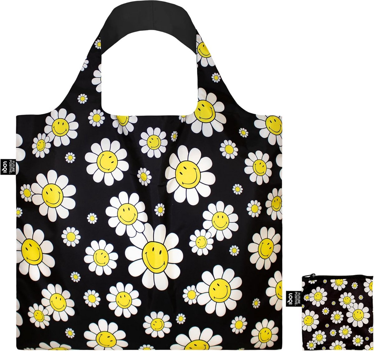 Duurzame Herbruikbare Boodschappentas - Smiley Bloemen Patroon - Zwart
