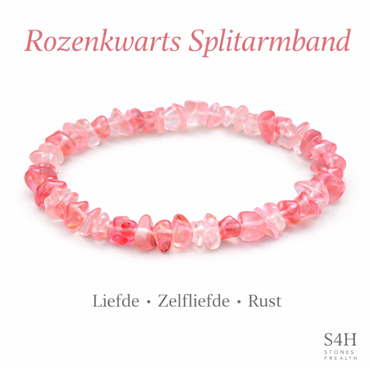 S4H Rozenkwarts Splitarmband – Edelsteen Armband van Natuurlijke Rozenkwarts Chips – Liefde, Zelfliefde & Rust – Elastisch – Unisex