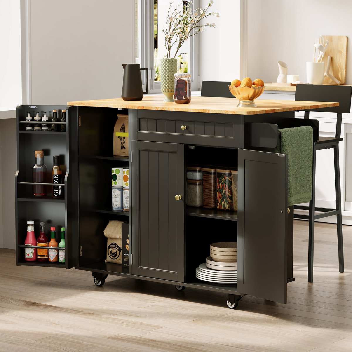 Xbro Keukeneiland Verplaatsbaar met uitklapblad，keukenwagen op 5 wielen，Keukentrolley met 1 Lade en 3 Deuren，voor Keuken en Eetkamer, 130 × 75 × 88 cm, Zwart