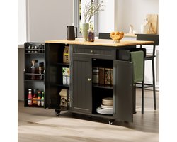 Xbro Keukeneiland Verplaatsbaar met uitklapblad，keukenwagen op 5 wielen，Keukentrolley met 1 Lade en 3 Deuren，voor Keuken en Eetkamer, 130 × 75 × 88 cm, Zwart
