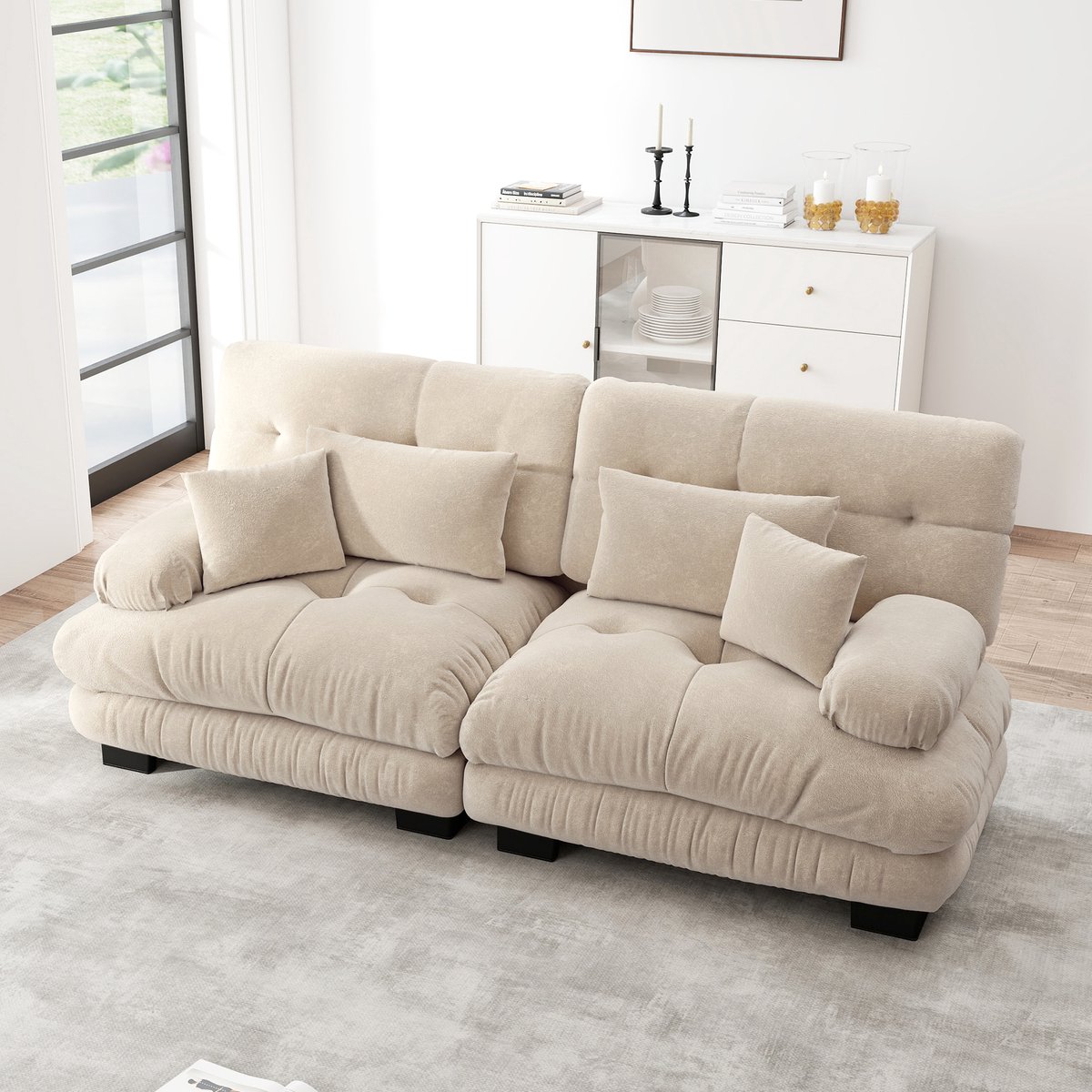 Sweiko 2-zitsbank - Chenille stof - Met 4 kussens - Massief houten frame - Beige