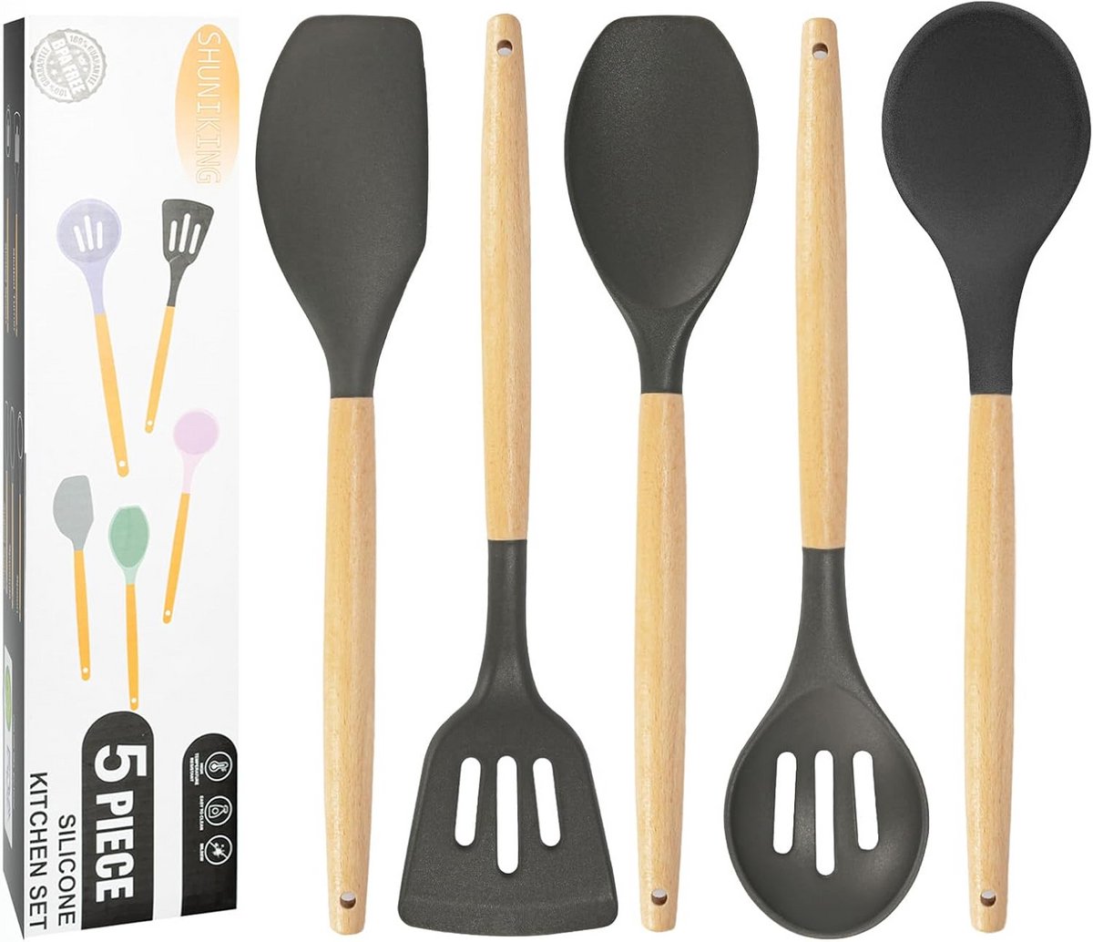 Keukengerei Set - 5 Stuks Hittebestendige Siliconen Keukengadgets met Houten Handvat
