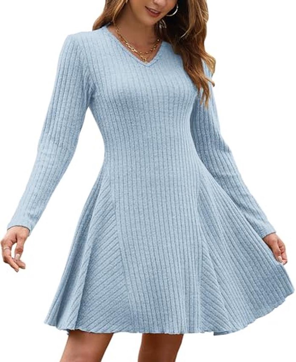 Dames Gebreide Jurk Lichtgewicht Lange Mouw A-lijn Sweater Jurk met V-hals voor Herfst en Winter