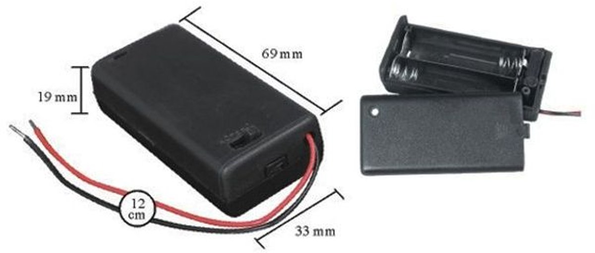 5x Batterijhouder AA – Voor 2 AA batterijen – Met schakelaar en draad – 5 stuks – Zwart kunststof - 5 Stuks [05346]