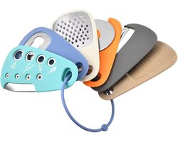 Keukengadgetset - 6-delig - Ruimtebesparende kookhulpmiddelen en keukenaccessoires - Knoflook-/gembermolen, kaasrasp, groente-/fruitschiller, pizzasnijder, kruidenschiller, flesopener