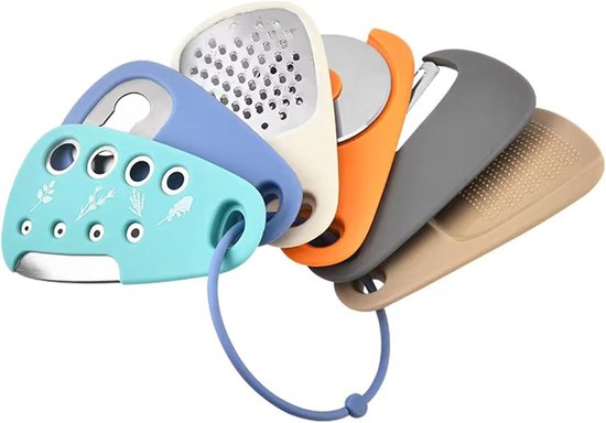 Keukengadgetset - 6-delig - Ruimtebesparende kookhulpmiddelen en keukenaccessoires - Knoflook-/gembermolen, kaasrasp, groente-/fruitschiller, pizzasnijder, kruidenschiller, flesopener