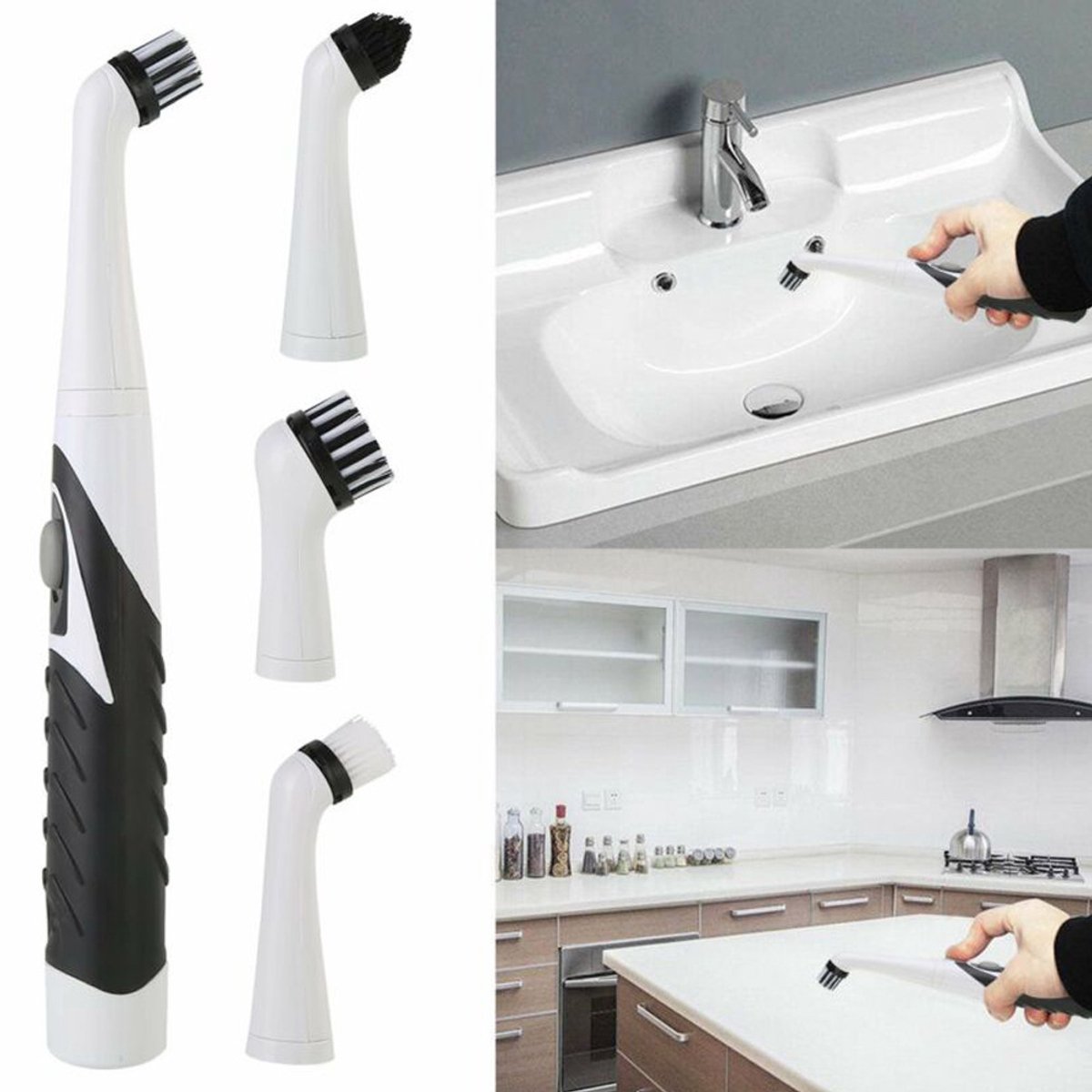 Elektrische schoonmaakborstel met 4 opzetborstels, geschikt voor keuken/badkamer.